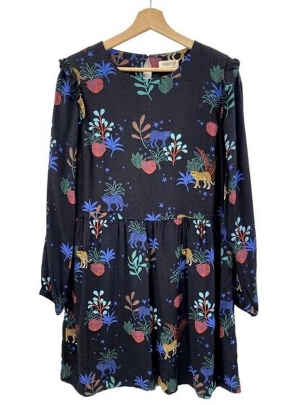 Sugarhill | Women’s Black Floral & Animal Print Long Sleeve Babydoll Dress Sz 10
